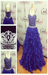 2021 Girls Pageant Dresses Royal Blue tamaño con encaje y falda con volantes Fotos reales Capas Gotas de fiesta de niñas pequeñas CU4676489