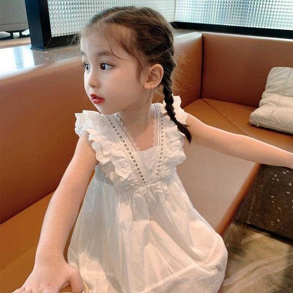 2021 Filles Robe d'été Blanc Coton Volants Dentelle Bébé Enfants Robe sans manches Élégante Anniversaire Princesse Robes Enfants Vêtements Q0716