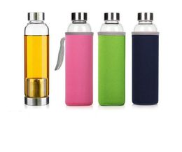 2021 Botella de agua de vidrio Botella de agua deportiva de vidrio resistente a altas temperaturas sin BPA con filtro de té Botella de infusor Funda de nailon 5 colores