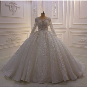 2021 Glitter Ball Jurk Trouwjurken Juwelier Nek Luxe Luxury Lace Appliques Bridal Jurys Plus Size Wedding Dress Robes de Marie 1897