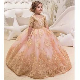 2021 Goud Glitz Baljurk Prinses Kleine Meisjes Optochtjurken Fuchsia Kleine Baby Camo Bloemenmeisjesjurken voor Bruiloft met Grote 311P