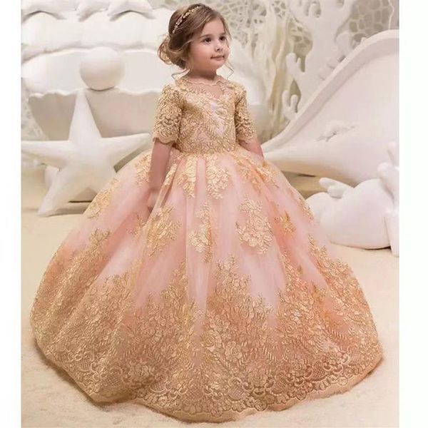 2021 Gold Glitz Vestido de fiesta Princesa Niñas Vestidos de desfile Fucsia Pequeño bebé Camo Vestidos de niña de flores para boda con grande 311P