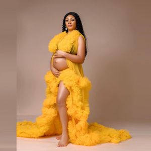 2021 Gold Ruffle Plus Size Señoras embarazadas Ropa de dormir de maternidad Vestido Slipt Camisones para sesión de fotos Lencería Albornoz Ropa de dormir Baby Shower