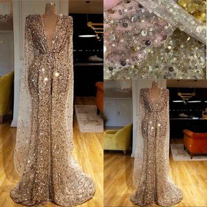 2021 Gouden Lovertjes Glitter Avondjurken Dragen Arabische Dubai Pailletten Crystal Beads Diepe V-hals Mermaid Prom Jurk Luxe Lange Mouwen Voorkant Split Pageant Towns Custom