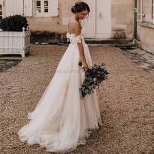 2021 sierlijk van de schouder trouwjurk lang een lijn geappliceerd kant land tuin bruidsjurken vestido de novia