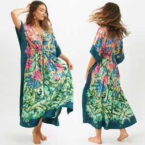 2021 Groene Bohemian Gedrukt Bats Mouwen Hoge Taille Zomer Strand Jurk Katoenen Tuniek Vrouwen Beachwear Kaftan Maxi Jurken Q1087 F0122