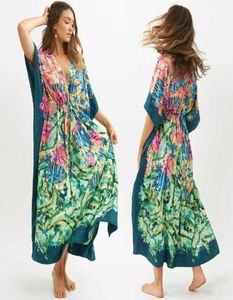 2021 Groene Boheemse Gedrukt Vleermuizen Mouw Hoge Taille Zomer Strand Jurk Katoenen Tuniek Vrouwen Beachwear Kaftan Maxi Jurken Q1087 F01224841881