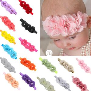 2021 Gril bébé 3 fleurs bandes de cheveux perle cristal mousseline de soie fleur combinaison ensemble bandeaux élastiques chapeaux bandeau cheveux accessoires