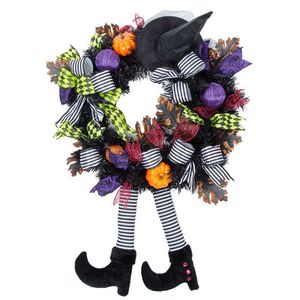 2021 Halloween Couronne Porte Décoration Suspendue Halloween Sorcière Chapeau Jambe Citrouille Porte Couronne Joyeux Halloween Maison Fête Fournitures Y0909