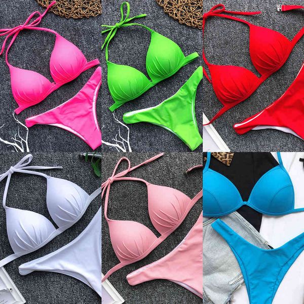 2021 Halter Bra Cup Bikini Sexy Traje de baño Mujer Traje de baño blanco Mujeres Push Up Bikini Set Traje de baño brasileño Bandeau Swim SuitX0523