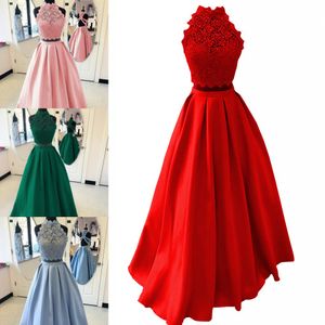 2021 Halter Kant Satijn Prom Homecoming Jurken Lange Twee Stuk Sexy Halter Criss Cross Backless Gedraped A-Line Graduation Sweet 15 jurk goedkoop