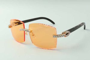 high-end designer zonnebril 3524022 snijlens naturel zwart getextureerd buffelhoorns sticks XL diamanten bril, maat: 58-18-140mm