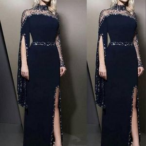 2021 Hoge hals Navy Blue Avondjurken Wear Kaftan Dubai Crystal Beaded Lange Mouwen Feestjurken Modeste Robe de Soiree Split Prom Dress