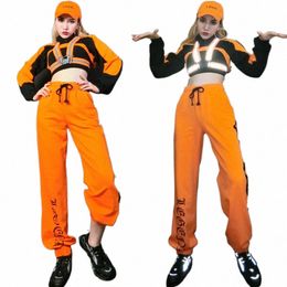 2021 Hip Hop Dans Kostuums Voor Volwassenen Oranje Hiphop Pak Reflecterende Tape Vrouwen Gogo Dance Dj Ds Kostuums Rave kleding SL4329 B6kf #