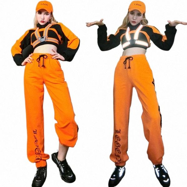 2021 Costumes de danse Hip Hop pour adultes Orange Hiphop Costume Bande réfléchissante Femmes Gogo Dance DJ DS Costumes Rave Vêtements SL4329 B6kf #