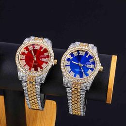 2021 Hip Hop -sieraden Iced Out Out Rhinestones Quartz roestvrijstalen Romeinse horloges 18k gouden diamanten bezel elite Watch270L