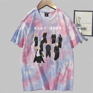 2021 Hete anime Tokyo Revenkers Print Mode Ronde Hals Tie Dye T-shirt Y0809