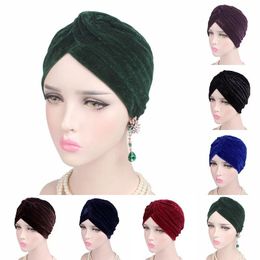 2021 Hot Sales Fashion Casual Stretch Gold Fluwelen Headwrap Turban Hoed Dames Moslim Chemo Cap Vintage Vrouwelijke Mutsen Bonnet Femme