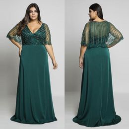 2021 Hunter vert perles grande taille robes de bal col en v robes de soirée avec enveloppement a-ligne longueur de plancher longue robe formelle