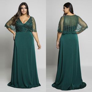 2021 Hunter Green rebordear vestidos de graduación de talla grande con cuello en V vestidos de noche con abrigo línea A largo hasta el suelo vestido Formal largo