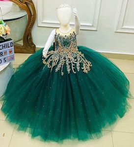 2021 Hunter Groen Luxe Bloem Meisje Jurken Kralen Kristallen Sheer Hals Tulle Lilttle Kids Birthday Pageant Weddding Jassen