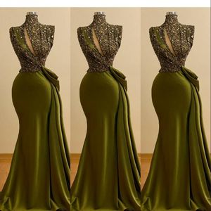 2021 Hunter Green Lentejuelas con cuentas de cristal Sirena Vestidos de noche Vintage Cuello alto Ojo de la cerradura Lentejuelas Encaje Vestidos de baile Arabia Saudita Vestido de fiesta formal largo