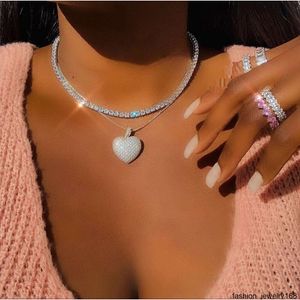 Lced out bling vrouwen sieraden micro pave 5a cz zirconia groot hart hanger tennis ketting vonken ketting