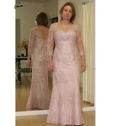 2021 illusie moeder van de bruid jurken ronde hals kant applique tule lange mouwen plus size party jurk bruiloft
