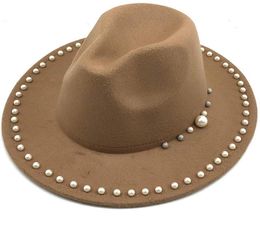 2021 Imitation Pearl Wool Felt Jazz Fedora Hat Femmes Unisexe Brim Panama Party Cowboy Cap Men Gentleman Hat de mariage 60cm Blue8165247