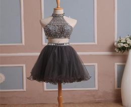 2021 Op voorraad echte Homecoming Dress Twee stukken Gray Tule afstudeerjurk met strass High Neck Short Prom Cocktail Party GOW3234512