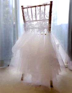 2021 en Stock différentes couleurs housses de chaise de mariage élégant dentelle Tulle Tutu chaises ceintures décorations jupes ZJ010