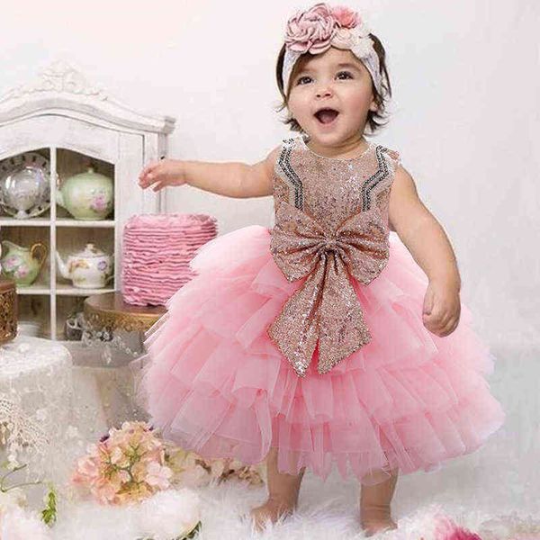 2021 Vestido infantil Primer Vestido de cumpleaños para niña ropa encaje princesa pastel vestidos bautismo tutú Vestido niños lentejuelas Bowknot G1129