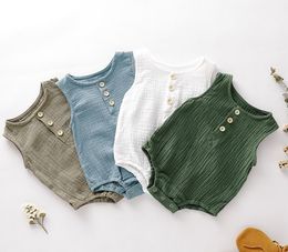2021 Ins Baby Girl Kids Climing Rompers Mouwloze O-Neck Solid Collar Three Buttons Jumpsuits 100% Cotton Summer Infant Romper 0-2T