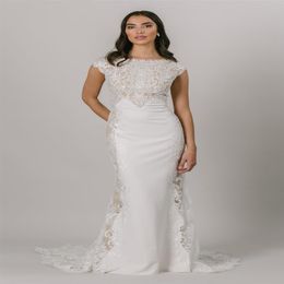 2021 Avorio Champagne Sirena Abiti da sposa modesti Maniche ad aletta Collo gioiello Bottoni Indietro Pizzo Crepe LDS Abiti da sposa Abito da sposa Cu297g