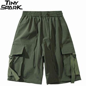 2021 japonais Streetwear Cargo Shorts poches hommes Harajuku Hip Hop Shorts survêtement été hommes Baggy piste court pantalon de survêtement ruban H1210