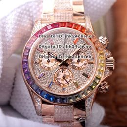 2021 JHF 40 mm Oro rosa Diamante Cal 4130 Cronógrafo automático Reloj para hombre 116595 Rainbow Pave Diamond Dial Pulsera de oro rosa Gent300R