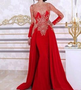 2021 Kaftan rode zeemeermin prom jurken lange mouwen verwijderbare overskirt appliques kant kristallen Arabische Dubai jurken avondkleding formele jassen