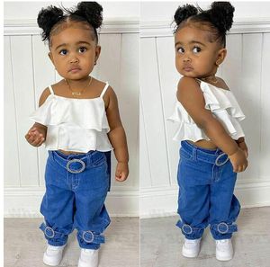 2021 Kids Baby Meisjes Kleding Sets Zomer Spaghetti Riem Ruffle Tanktoppen en Denim Broek Jeans Mode Kind Outfits