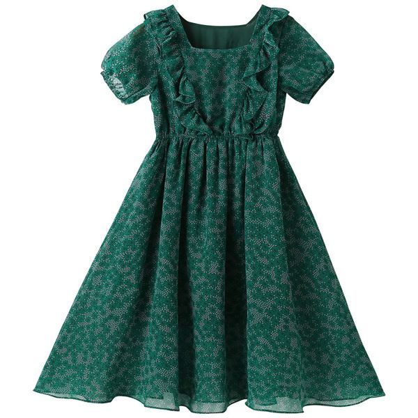 2021 Enfants Bébés Filles Robes Vêtements Vert Mousseline De Soie Tulle Tissu Maille Princesse Floral Enfants Court 3 4 5 6 7 8 9 10 11 12 Ans Q0716