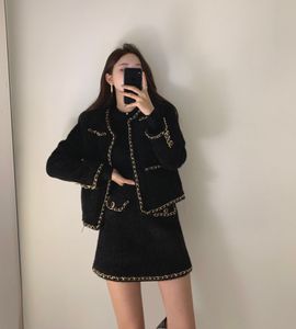 Koreaanse mode Herfst nieuw ontwerp vrouwen kettingen patchwork wollen jas en rok 2 stuks twinset OL pak SML