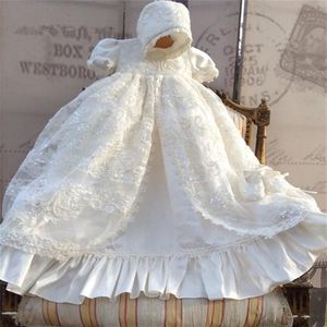 2021 dentelle robe de baptême dentelle paillettes bébé infantile bambin filles robes de baptême avec bonnet blanc Ivory202e