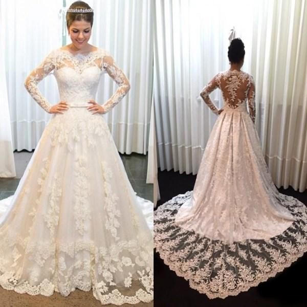 2021 Vestidos de novia de encaje Mangas largas Escote barco Por encargo Barrido Tren Cinta Ilusión sexy Volver Vestido de novia por encargo vestido