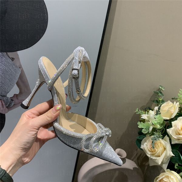 2021 Zapatos de vestir para mujer, par de zapatos de tacón con lazo y diamantes de imitación, lazo de cristal, satén, zapato de verano para mujer, tacón de 10cm, cuero genuino, sandalias sexis de punta estrecha para fiesta y boda 35-40