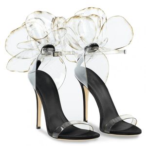 2021 Lady PVC cuero real sexy Ladies 9.5cm sandalias de tacón alto Zapatos flor transparente peep-toe punta abierta Hebilla de una línea fiesta de bodas tamaño 34-42 LG