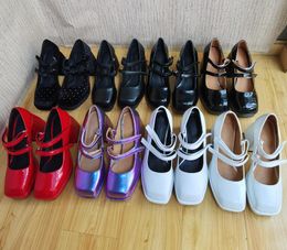 2021 Lady Real Charol Sexy Zapatos de vestir para damas 8.5 cm Chinky Sandalias de plataforma de tacón alto Dedos cuadrados Mary Jane Hebilla de una línea Boda Fiesta Hook Loop Tamaño 34-43