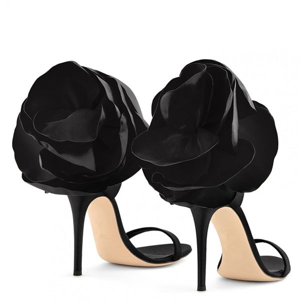 2021 Señora satén que cubre cuero sexy Señoras 9.5cm sandalias de tacón alto Zapatos de encaje neto 3D flor diamante punta abierta Hebilla de una línea tamaño del banquete de boda 34-42 LG