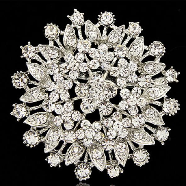 2021 Flor redonda grande Clar Diamante Crystal Broche de ramo de novia para boda Precio barato Joyería al por mayor Vintage Rodio plateado Pin