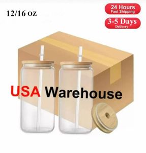 US LOKAAL WAREHOUSE 12oz 16oz Sublimatie Glassbier Tumblers Iced Coffee Water Flessen Blanco mokken kunnen kopjes drinkbekers met bamboe deksel en herbruikbaar rietje