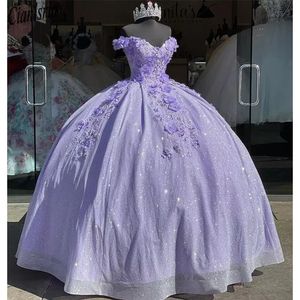 Prachtige lila baljurk Quinceanera jurken 3D Appliques kralen veter achterste vloer lengte prom avondjurken Mexician Girls Vestidos de 15 anos feest draagt ​​wly935