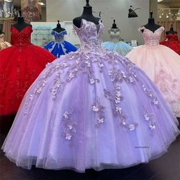 2021 Lavande Per perle Puffy Ball Robe Quinceanera Robes Perles Sweet 16 Robe Plus Taille Pageant Robes Vestido de 15 ANOS XV 0431